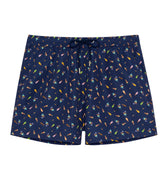Navy shorts with colorful geometric pattern on a white background